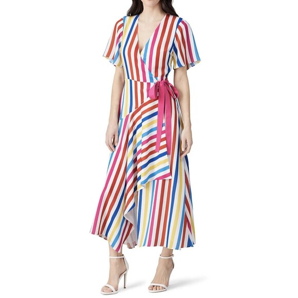 COLOR ME COURTNEY Taira Wrap Colorful Striped Midi Dress‎ SIZE MEDIUM - Picture 2 of 12
